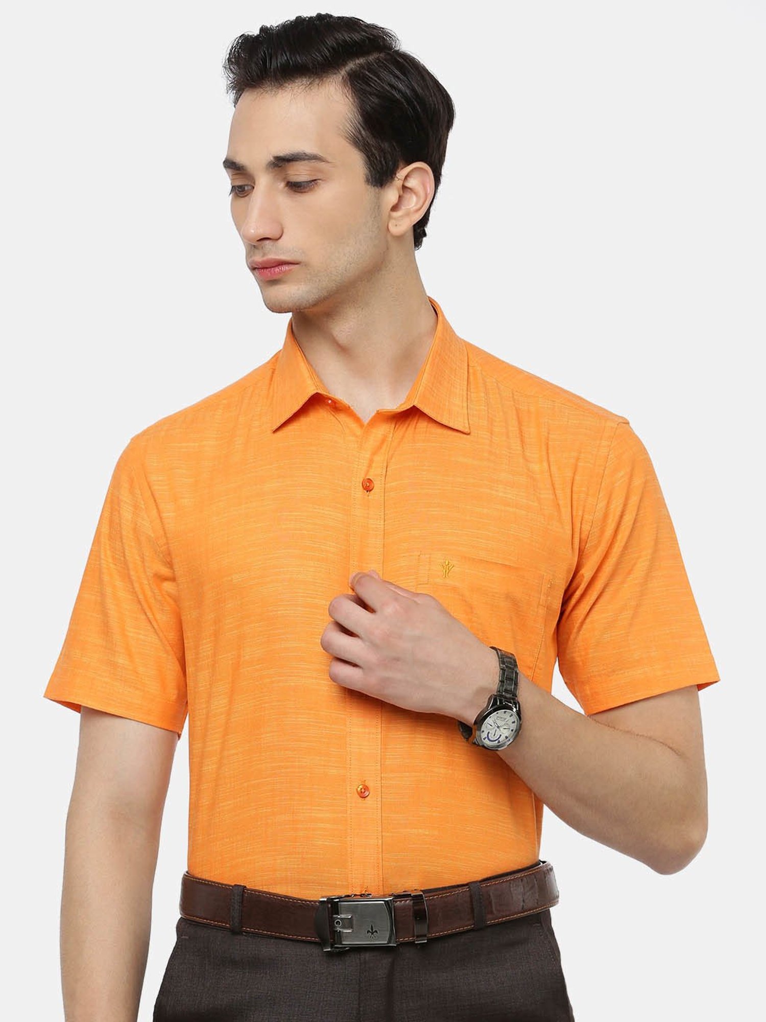 Ramraj Orange Cotton Slim Fit Self Pattern Shirt