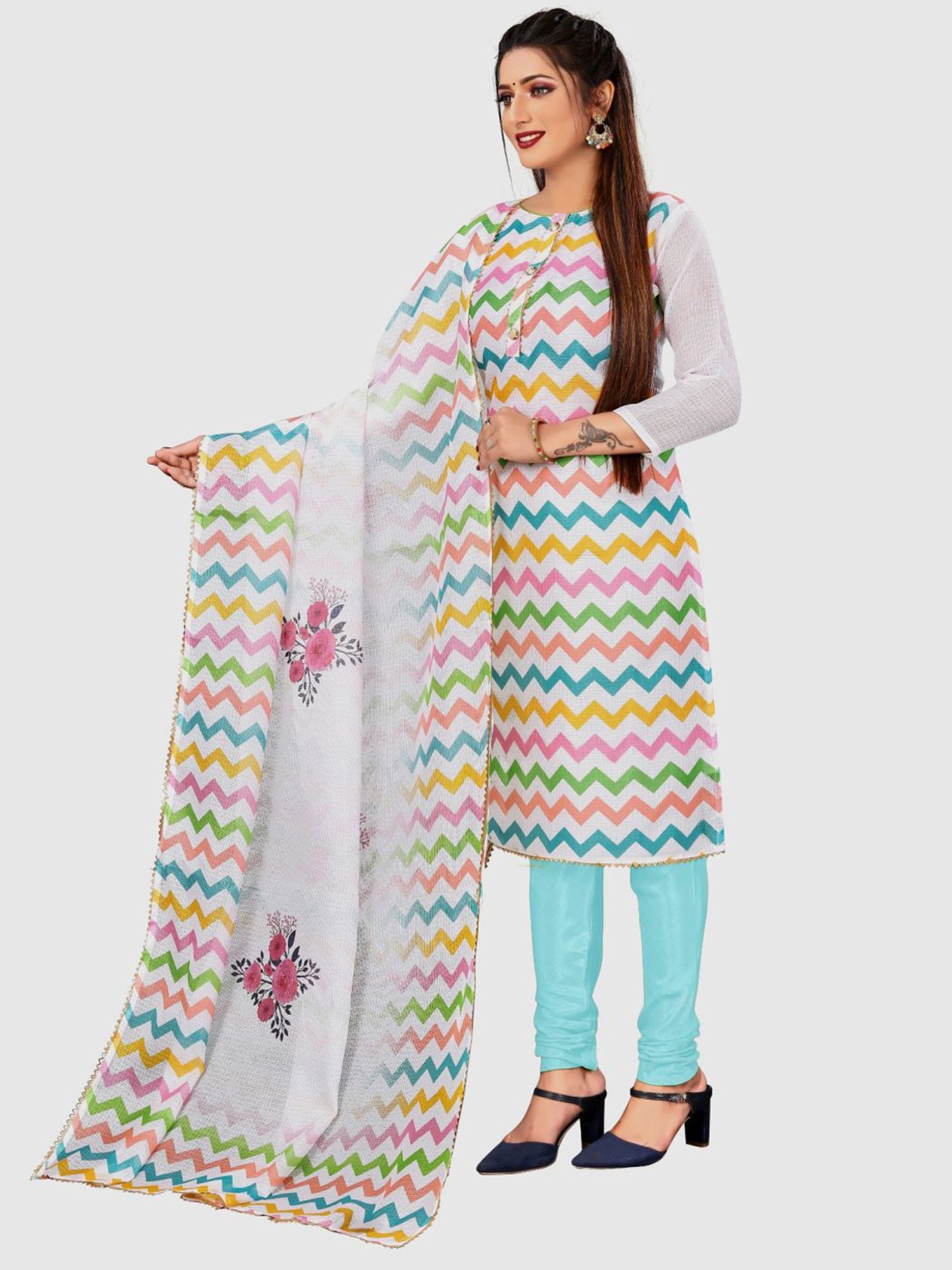APNISHA White & Turquoise Printed Unstitched Dress Material