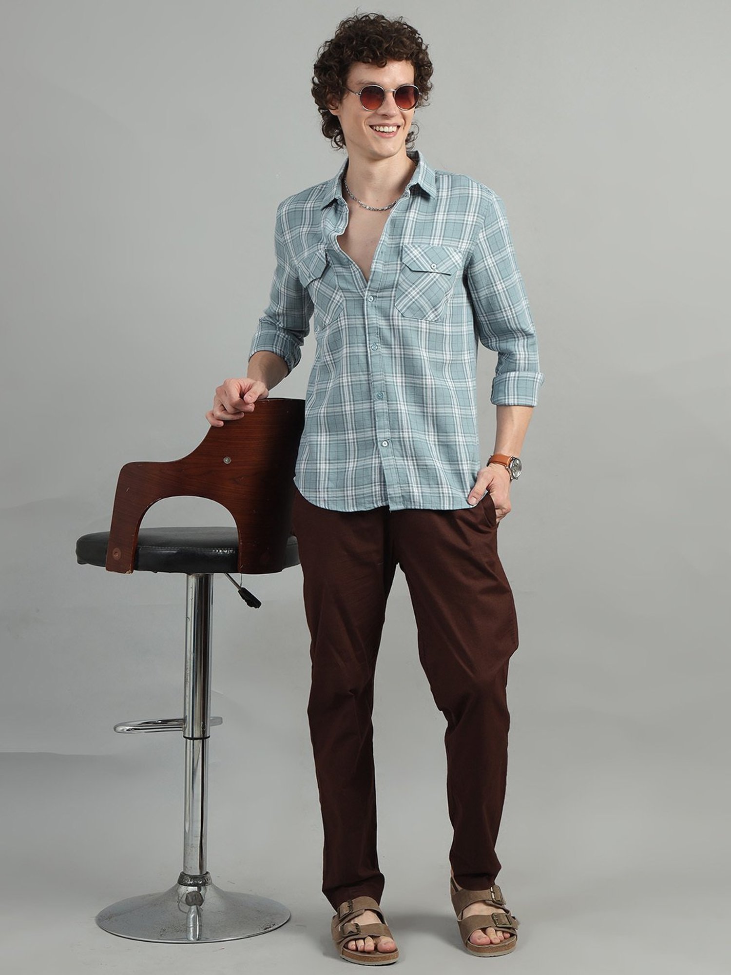 Bushirt Light Blue Regular Fit Check Cotton Shirt