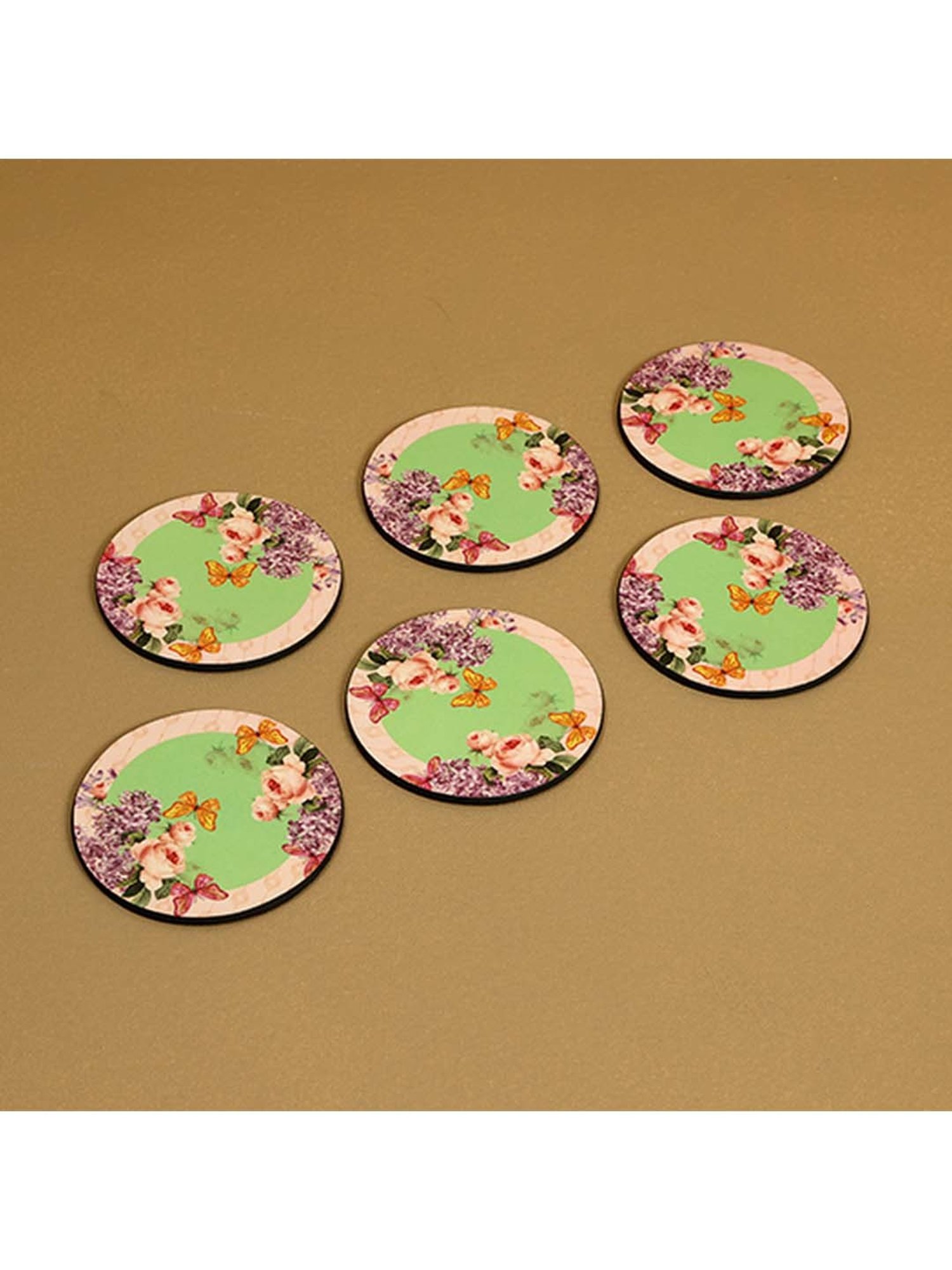 ICRAFT Groovy Mint Series Green & Beige Mdf Round Coaster - Set of 6