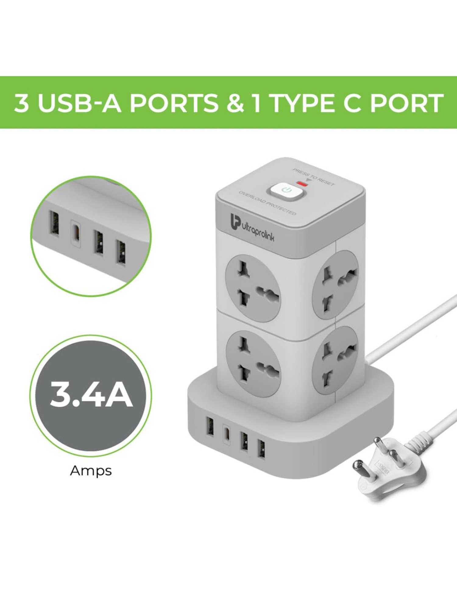 ULTRAPROLINK UM1155U Surge Protector & Spike Guard with 8 Sockets, 3 USB-A+1 Type C 3.4A (White)
