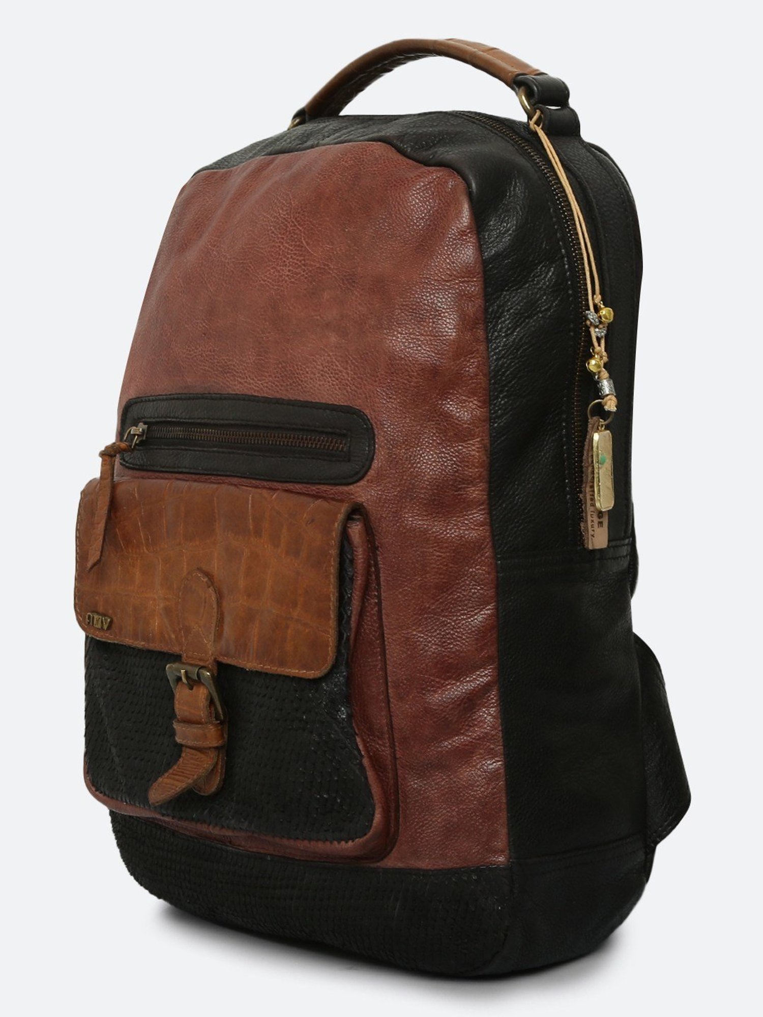 Art N Vintage Biker Black & Brown Leather Color Block Large Backpack