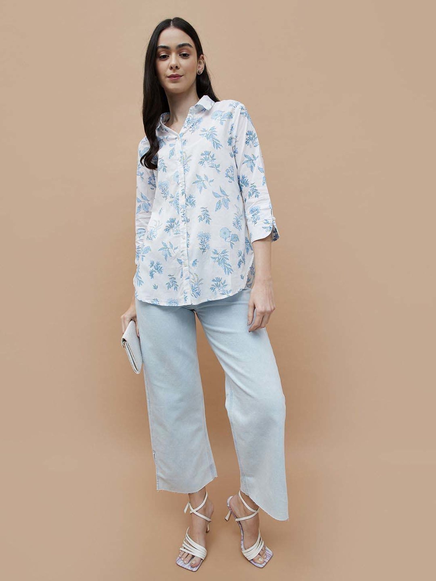 Colour Me by Melange White Cotton Printed Shirt
