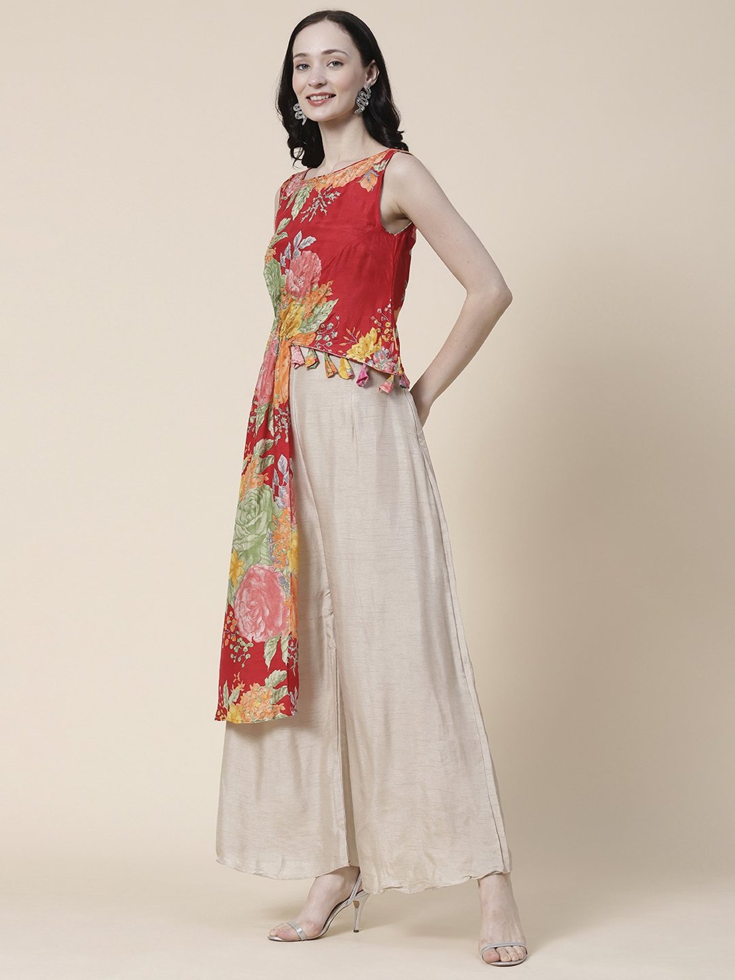 Fashor Red & Beige Printed Top Palazzo Set