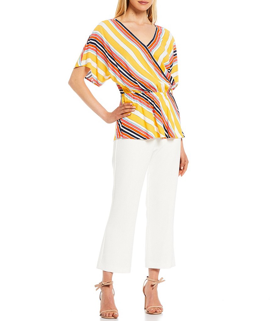 Trina Turk Colorful Stripe Print Surplice Neck Elastic Waist Peplum Top