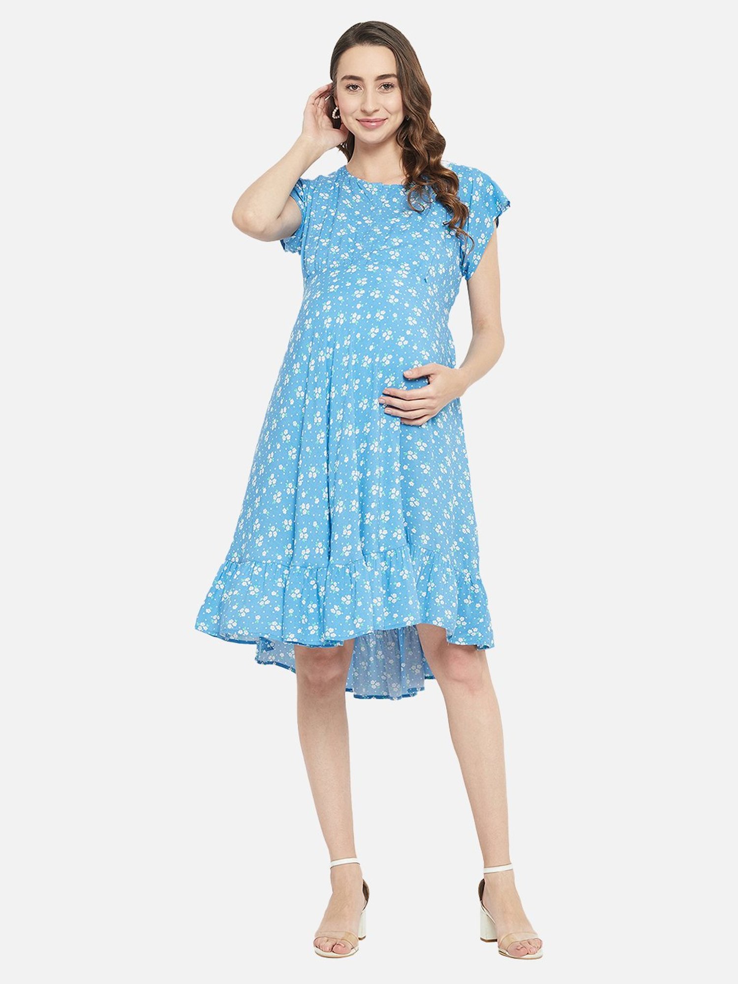 Hypernation Blue Rayon Floral Print Maternity Dress