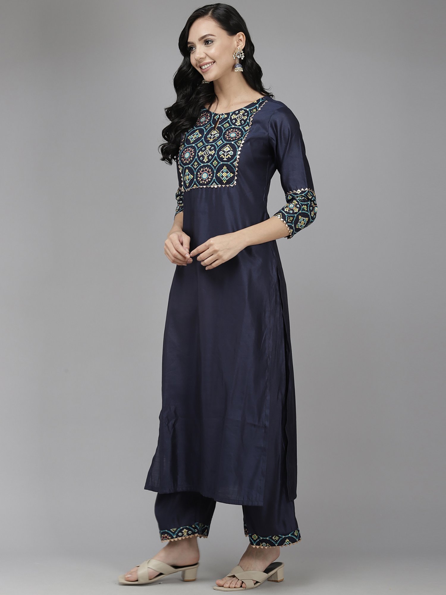 Indo Era Navy Printed Kurta Palazzo Set With Dupatta