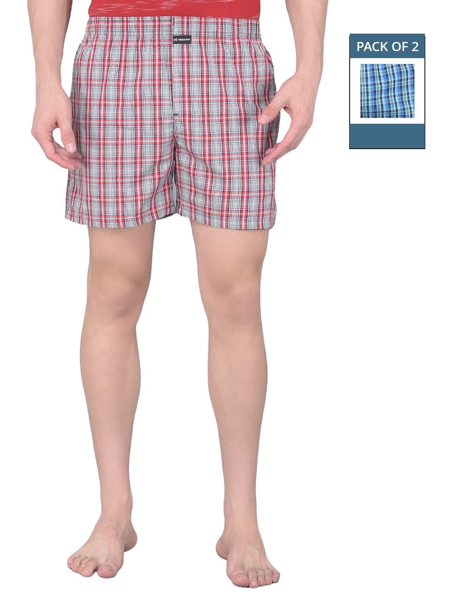 Force NXT Blue Cotton Regular Fit Checks Boxers - Pack Of 2