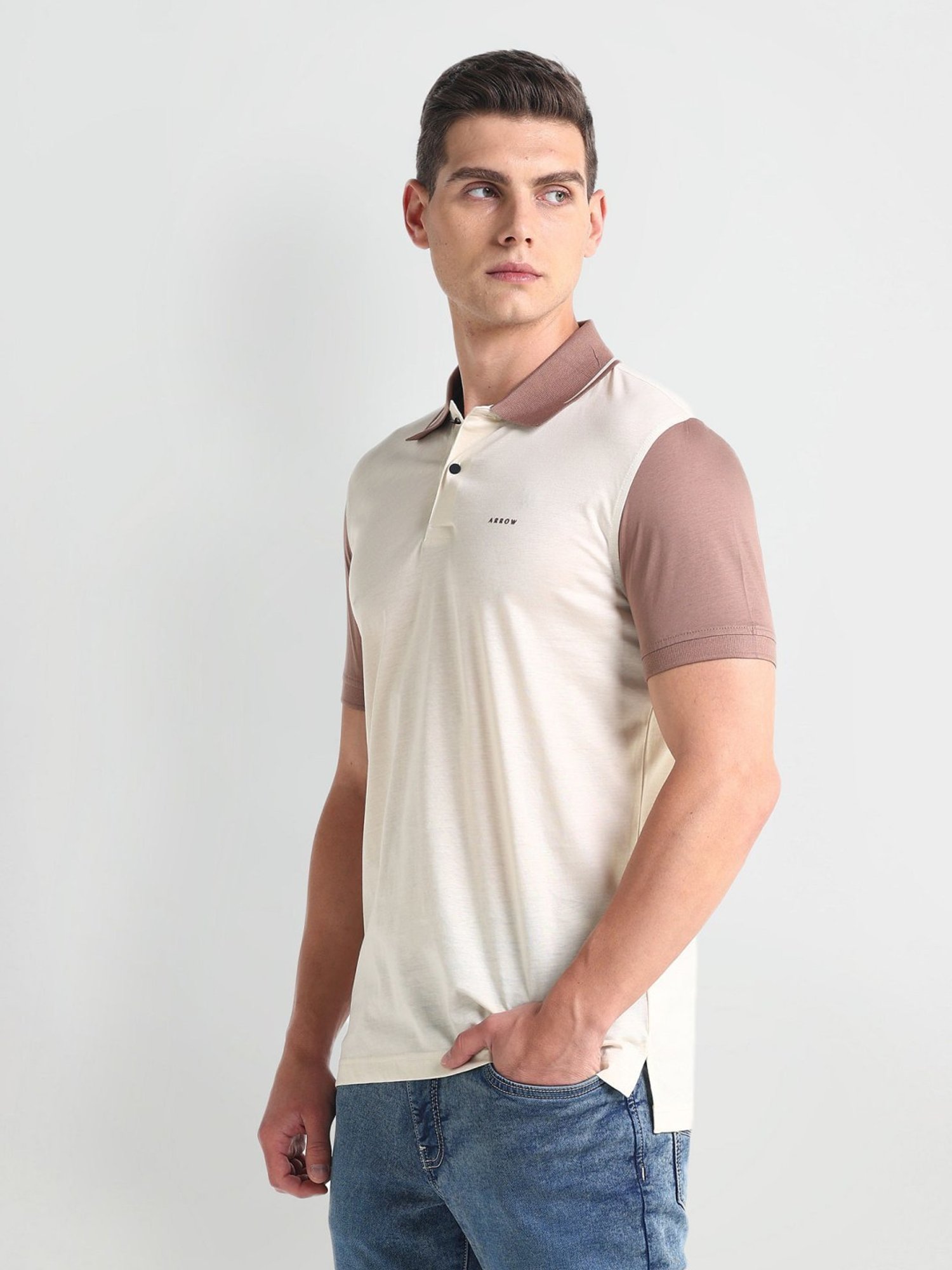 Arrow Newyork Beige Cotton Regular Fit Colour Block Polo T-Shirt