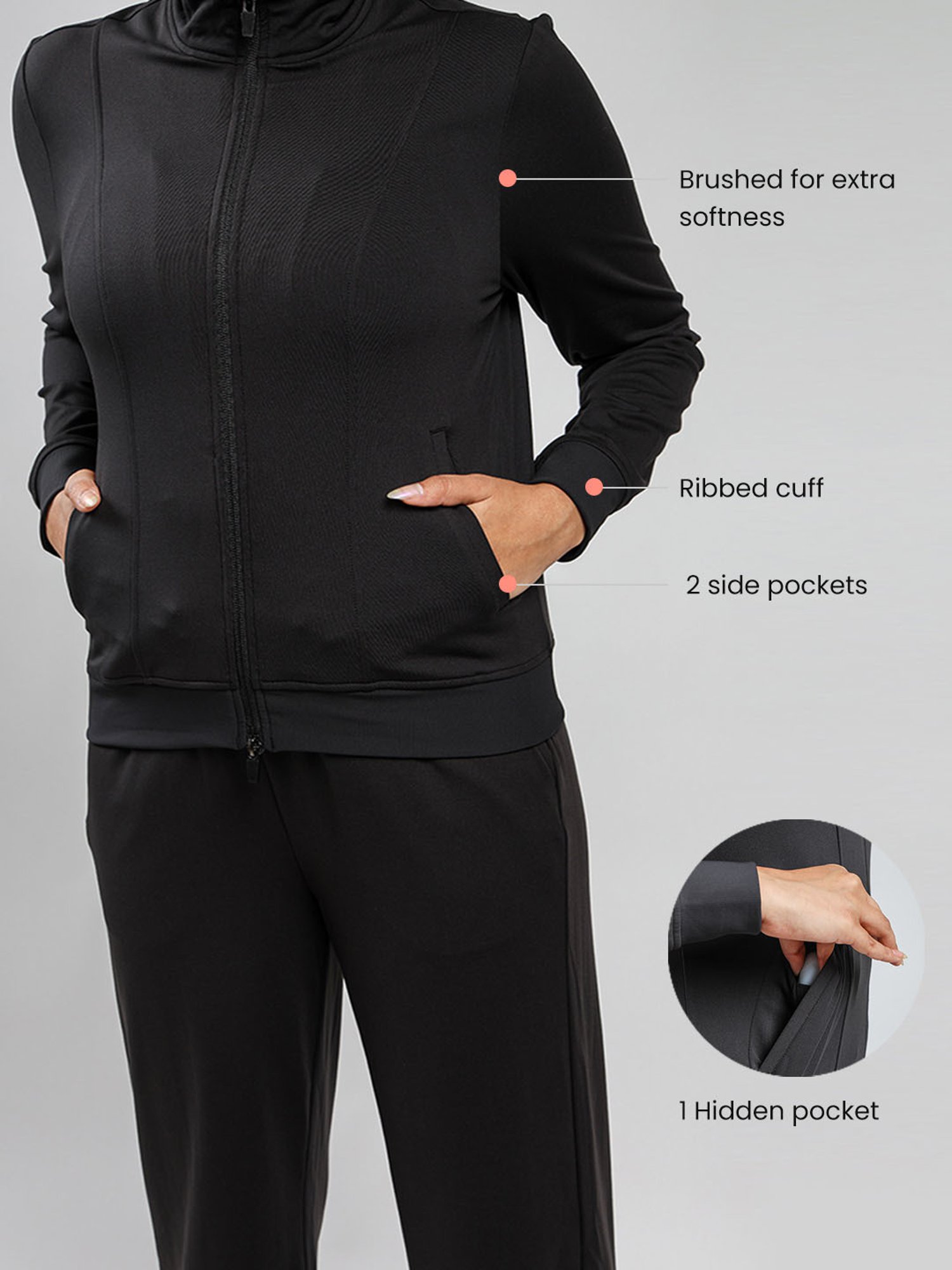 BlissClub Women Black On The Go Track Jacket With Two-Way Zipper