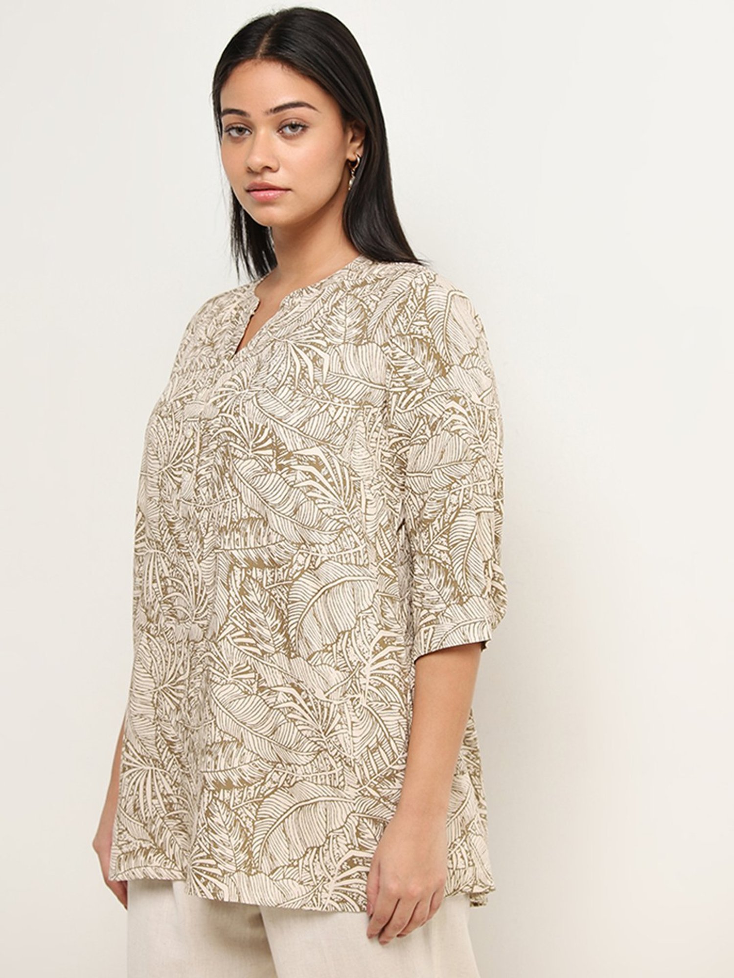 Diza by Westside Beige Leaf Design Straight Kurti