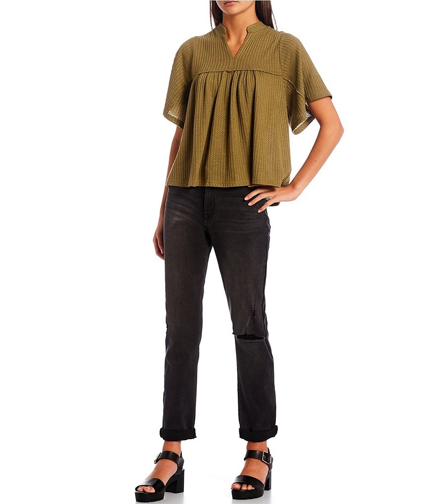 Honey & Sparkle Flutter Sleeve Waffle Knit Top