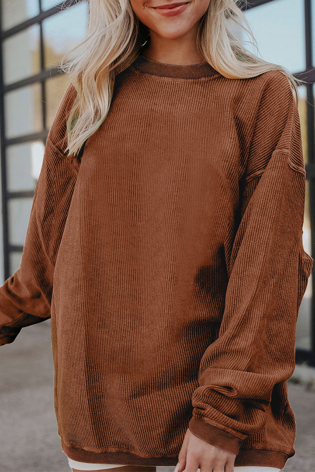 Khaki Plain Drop Shoulder Ribbed Trim Oversized Sweatshirt