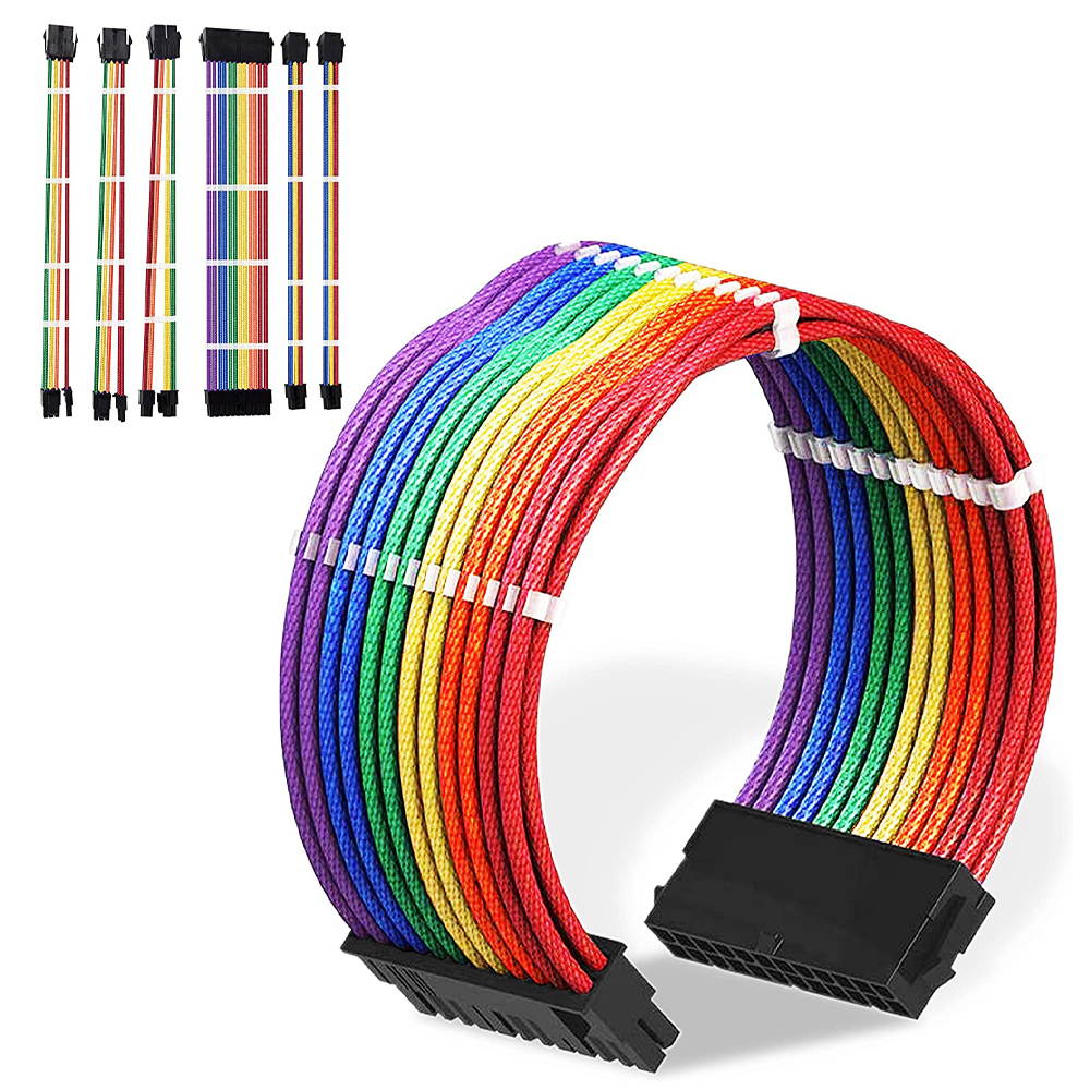 Vicabo QH-LU-025 11.81 in. Braided ATX Sleeved Cable Extension Power Supply Cable Kit PSU Connectors, 24 Pin ATX, 4+4 Pin EPS, 8-pin PCI-E, 6-pin PCI-E with Combs (Black & White)