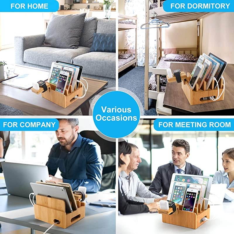 Charging Station for Multiple Devices with 5 Port USB Charger 5 Charger Cables and AirPod Watch Stand Pezin Hulin Desk Wood Docking Stations Electronic Organizer for Cell Phone Tablet