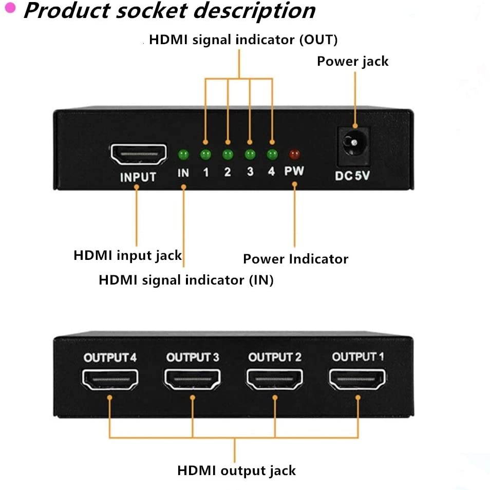 HDMI Splitter 1 in 4 Out V1.4 Powered 1x4 Ports Box Supports 4K@30Hz Full Ultra HD 1080P 3D Compatible with PC STB Xbox PS4 Fire Stick Roku Blu-Ray Player TV HDTV (1 Input to 4 Outputs)
