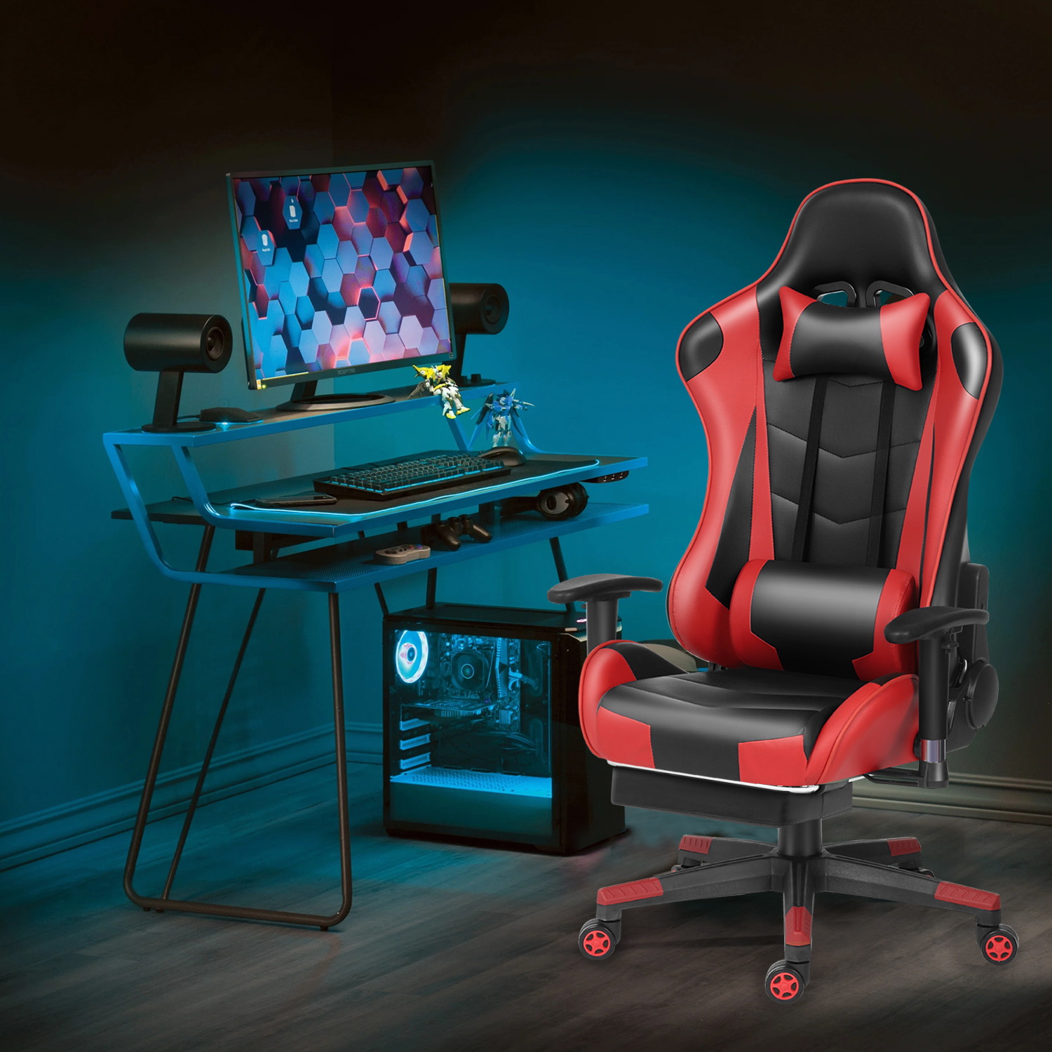 Labradores Gaming Chair Office Chair PC Chair with Massage Lumbar Support, Racing Style PU Leather High Back Adjustable Swivel Task Chair with Footrest (Black&Red)