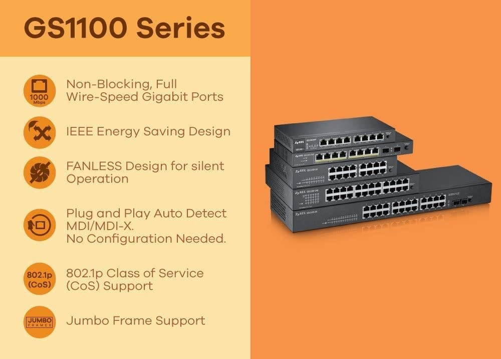 Zyxel 24-Port Gigabit Ethernet Unmanaged Switch - Fanless Design with 2 SFP Ports [GS1100-24E]