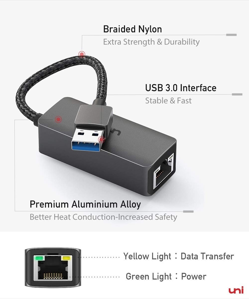 Ethernet Adapter, USB 3.0 to 10/100/1000 Gigabit Ethernet LAN Network Adapter, Driver Free RJ45 Internet Adapter Compatible for MacBook, Surface Pro, Notebook PC with Windows7/8/10, XP, Vista, Mac