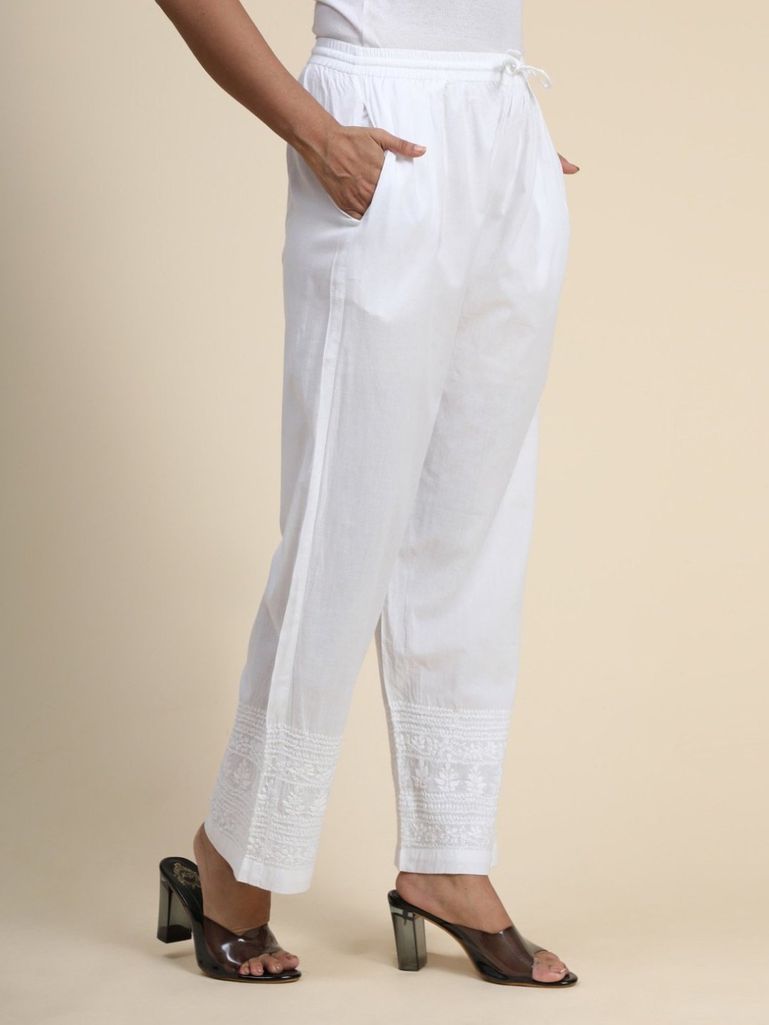 House Of Kari HOK Chikankari Cotton White Pant Trouser