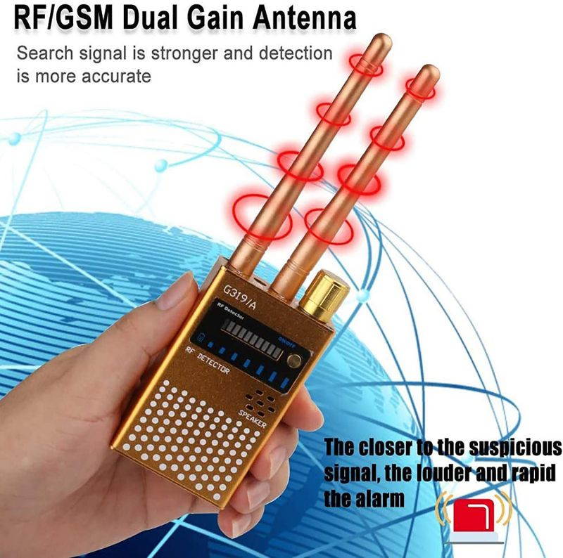 Wireless Bug Detector,Dual Antenna High Sensitive Sweeper Detect Wide Range Radio Frequency Find Out Hidden Camera GPS Tracker(2019 Upgrade Version) (Gold)