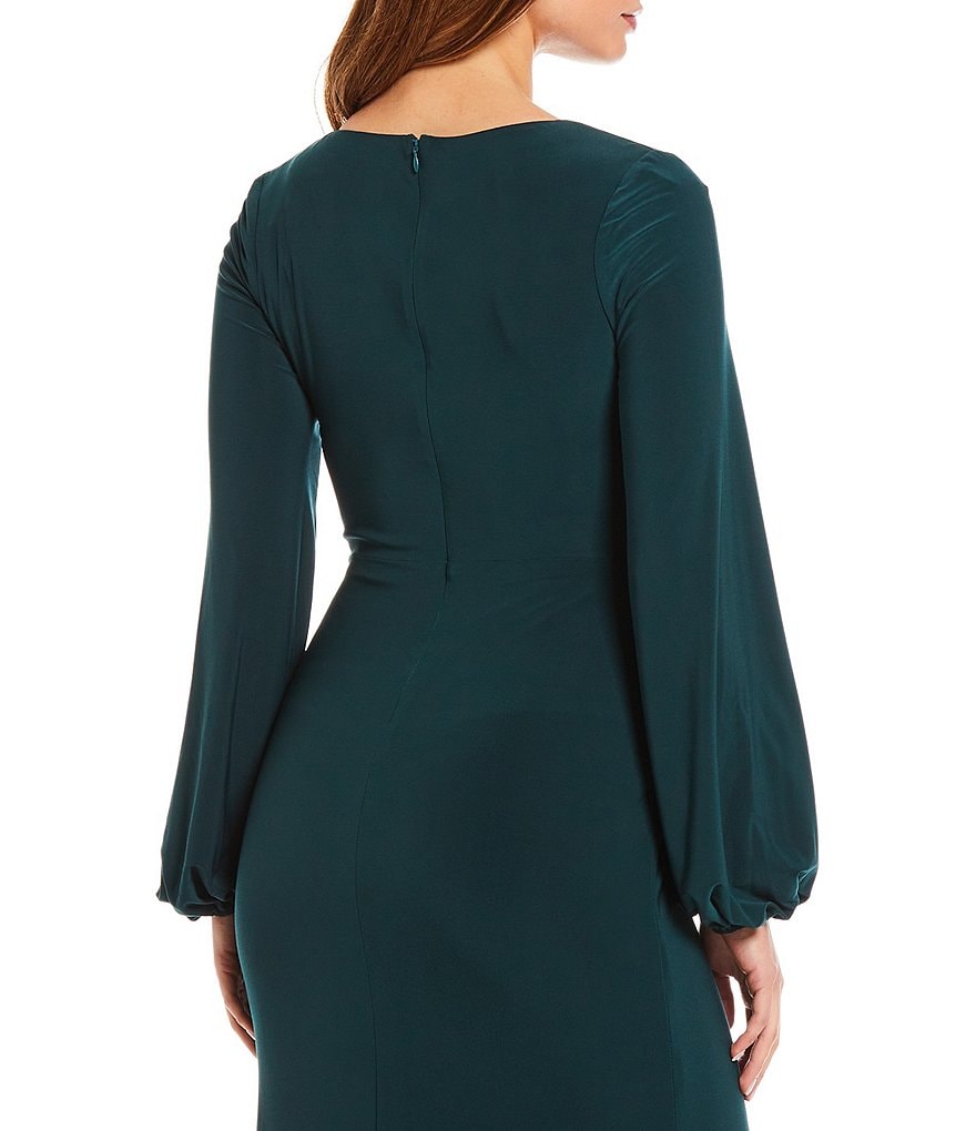 Betsy & Adam Deep V-Neck Long Sleeve Drape Front Knot Detail Jersey Gown