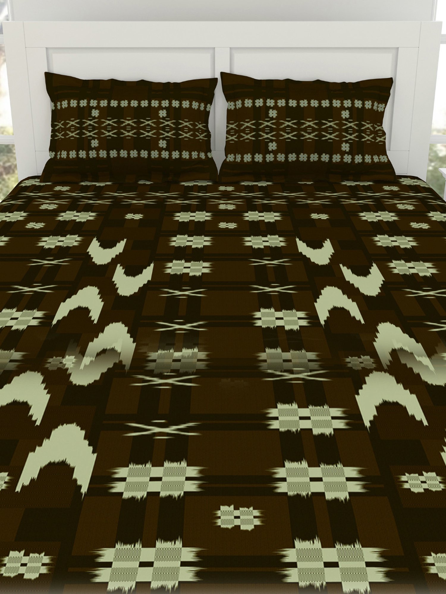 Spaces Ikkat Geometric Brown 144 TC Cotton King Bedsheet with 2 Pillow Covers
