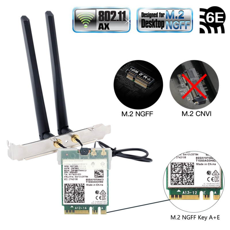 FV-AXE210NG Wi-Fi 6E Desktop Kit Wireless Adapter Bluetooth 5.2 + 3000Mbps 2.4Ghz 5Ghz 6Ghz M.2 2230 Key E With Intel AX210 AX210NGW 802.11ax/ac Support MU-MIMO OFDMA Windows 10 With 6Dbi Antenna Set