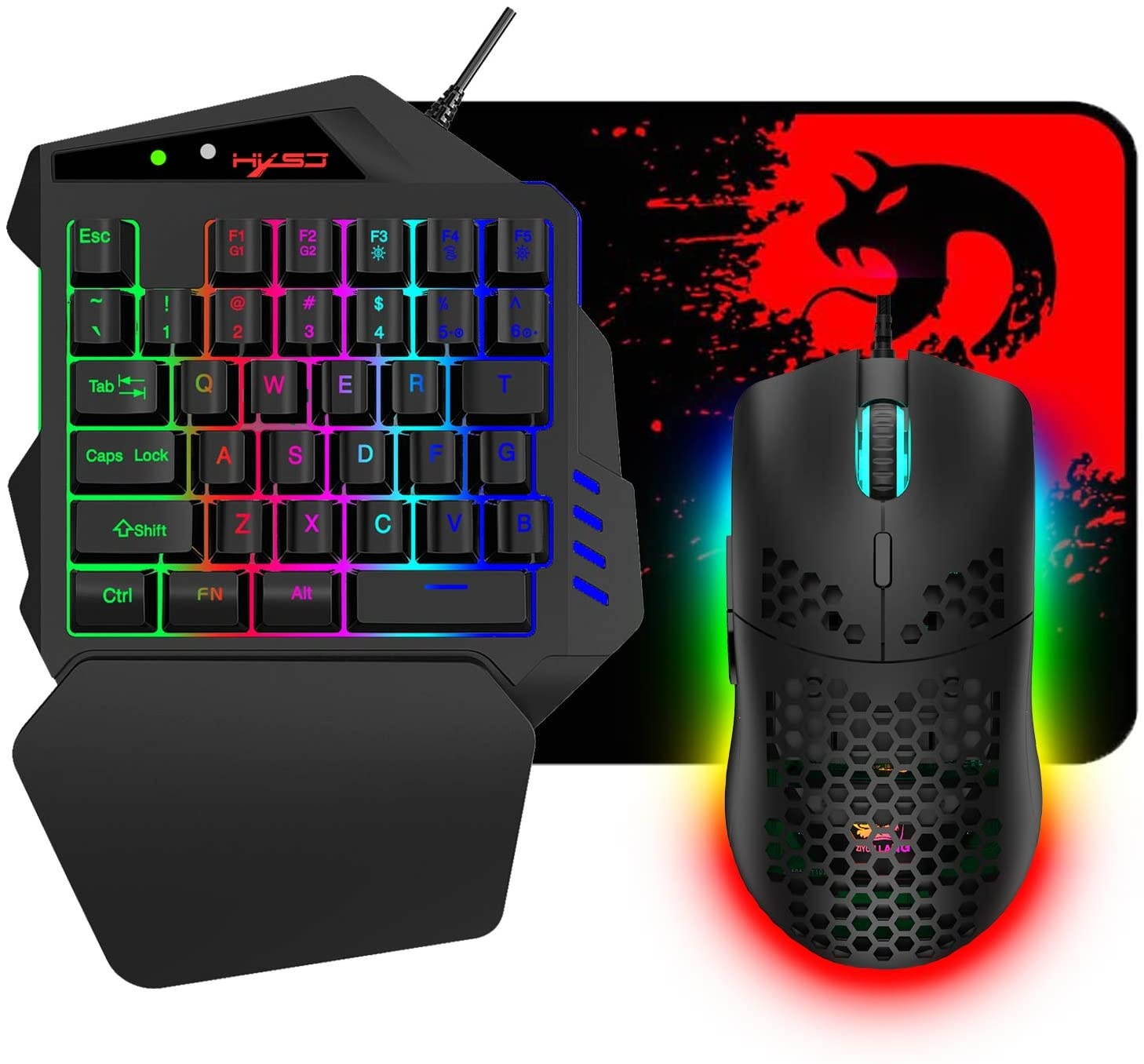 One Hand Gaming Keyboard and Lightweight Honeycomb Mouse Combo Portable with 35 Keys Rainbow RGB Backlight Ergonomic Wrist Rest Mouse-pad Adjustable Mice DPI USB Wired Only for PS4 X-Box Game Console