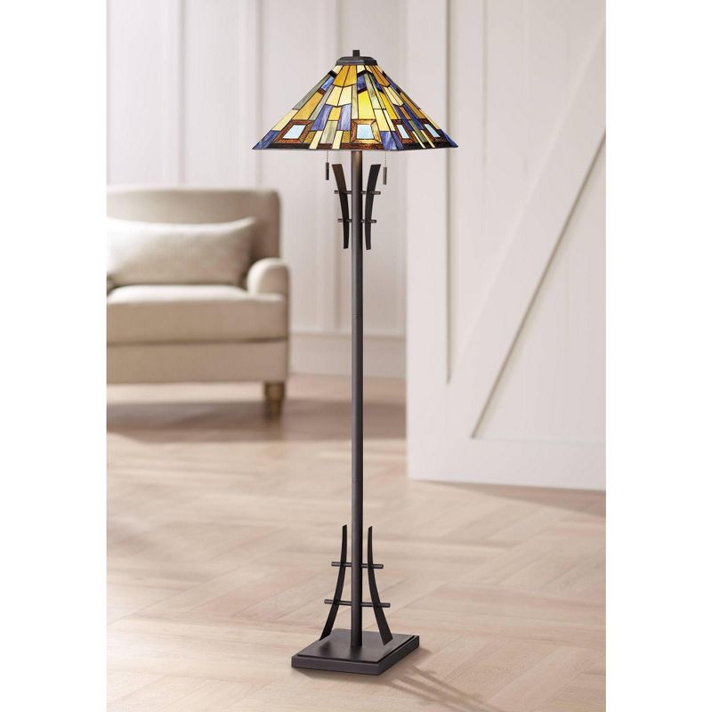 Robert Louis Tiffany Asian Floor Lamp Bronze Iron Tiffany Style Jewel Tone Art Glass Shade for Living Room Reading Bedroom Office