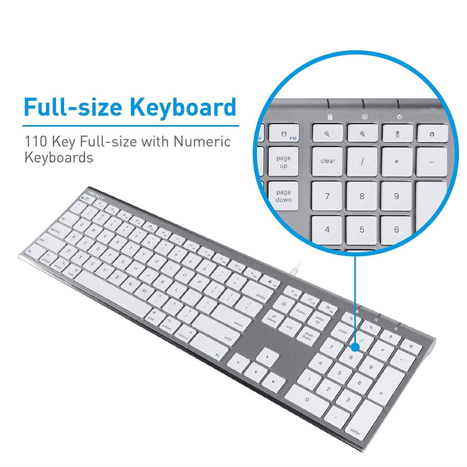 Macally Ultra-Slim USB Wired Computer Keyboard for Apple MacBook Pro/Air, iMac, Mac Mini, Mac Pro, Windows PC Laptops/Desktops and Notebooks | Plug and Play - No Drivers | Silver Finish (ACEKEYSG)