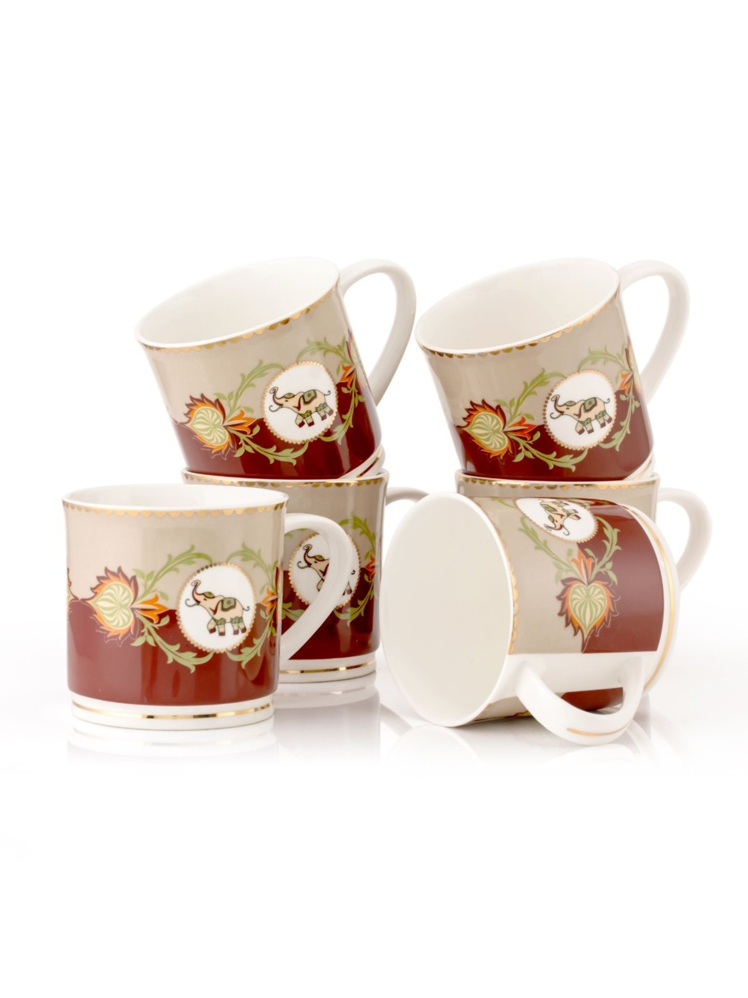 JCPL Printed Red Ceramic Tea Cups- Set of 6 (200 ml each)