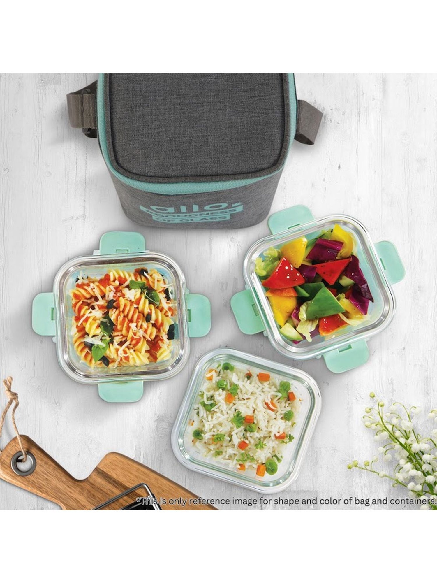 Borosilicate Glass Lunch Box Microwave Oven Safe with Detachable Lock and Canvas Grey Tiffin Bag