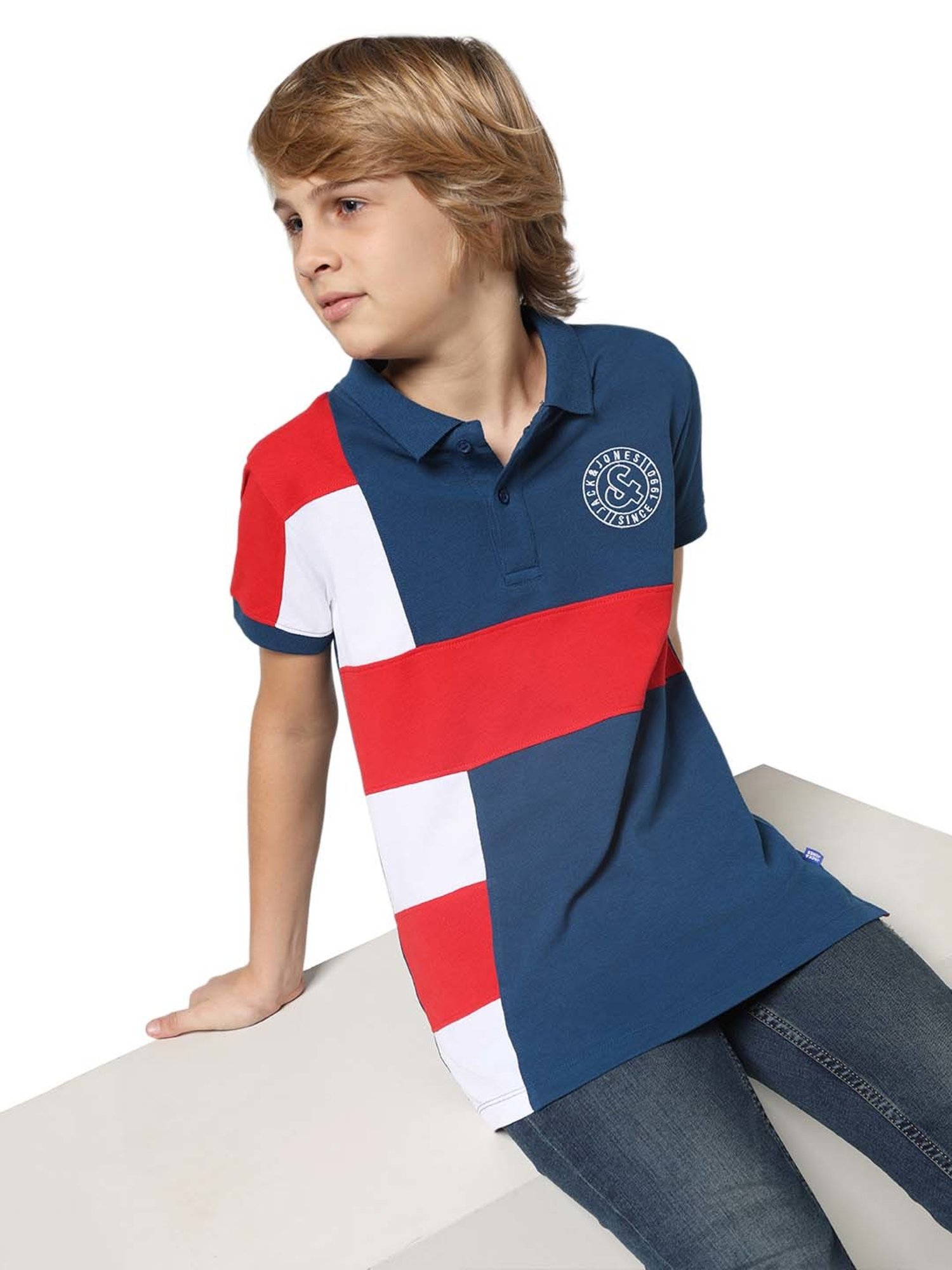 Jack & Jones Junior Blue & Red Cotton Color Block Polo T-Shirt
