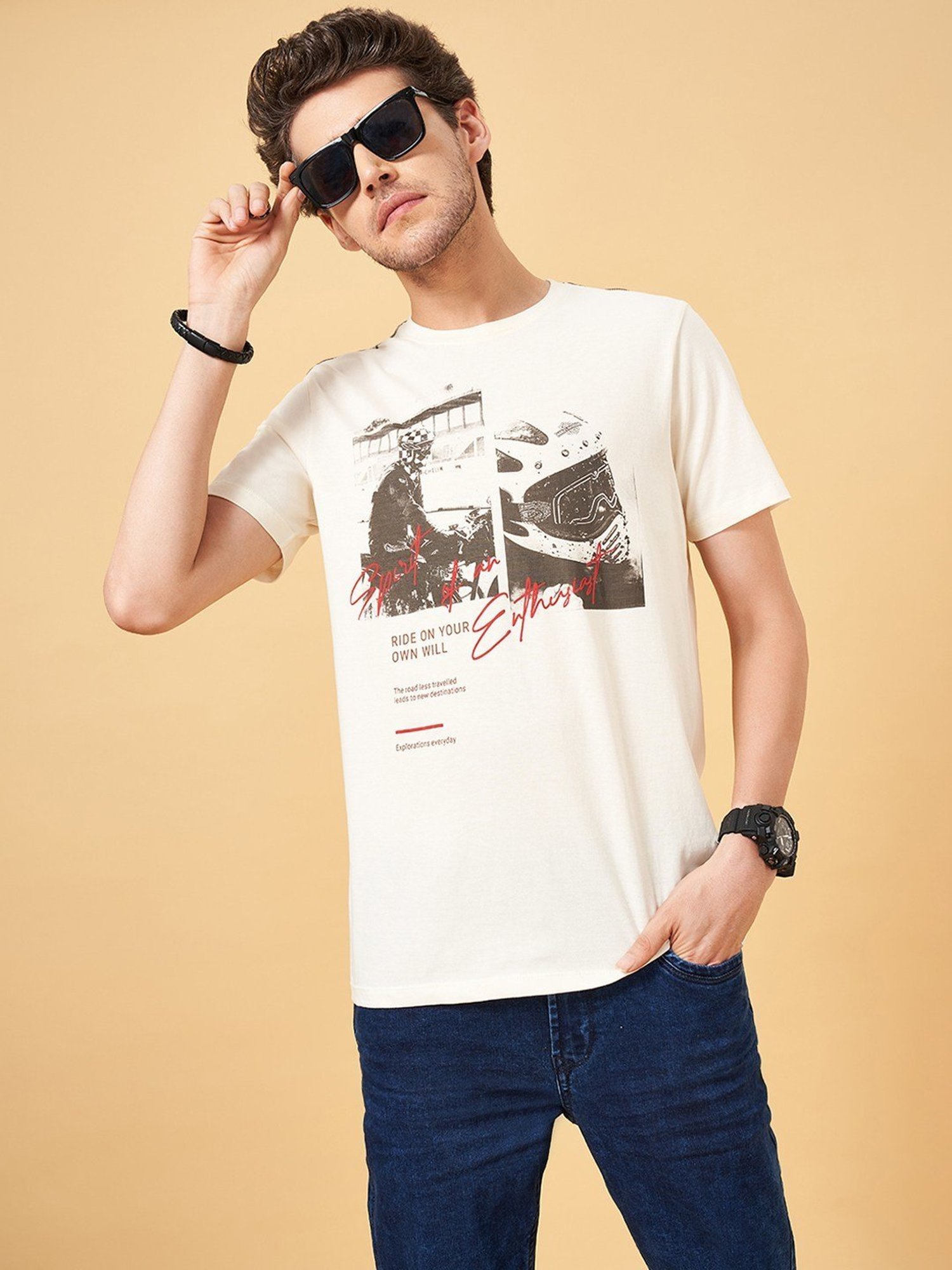 Sf Jeans By Pantaloons Off White Slim Fit Printed T-Shirt
