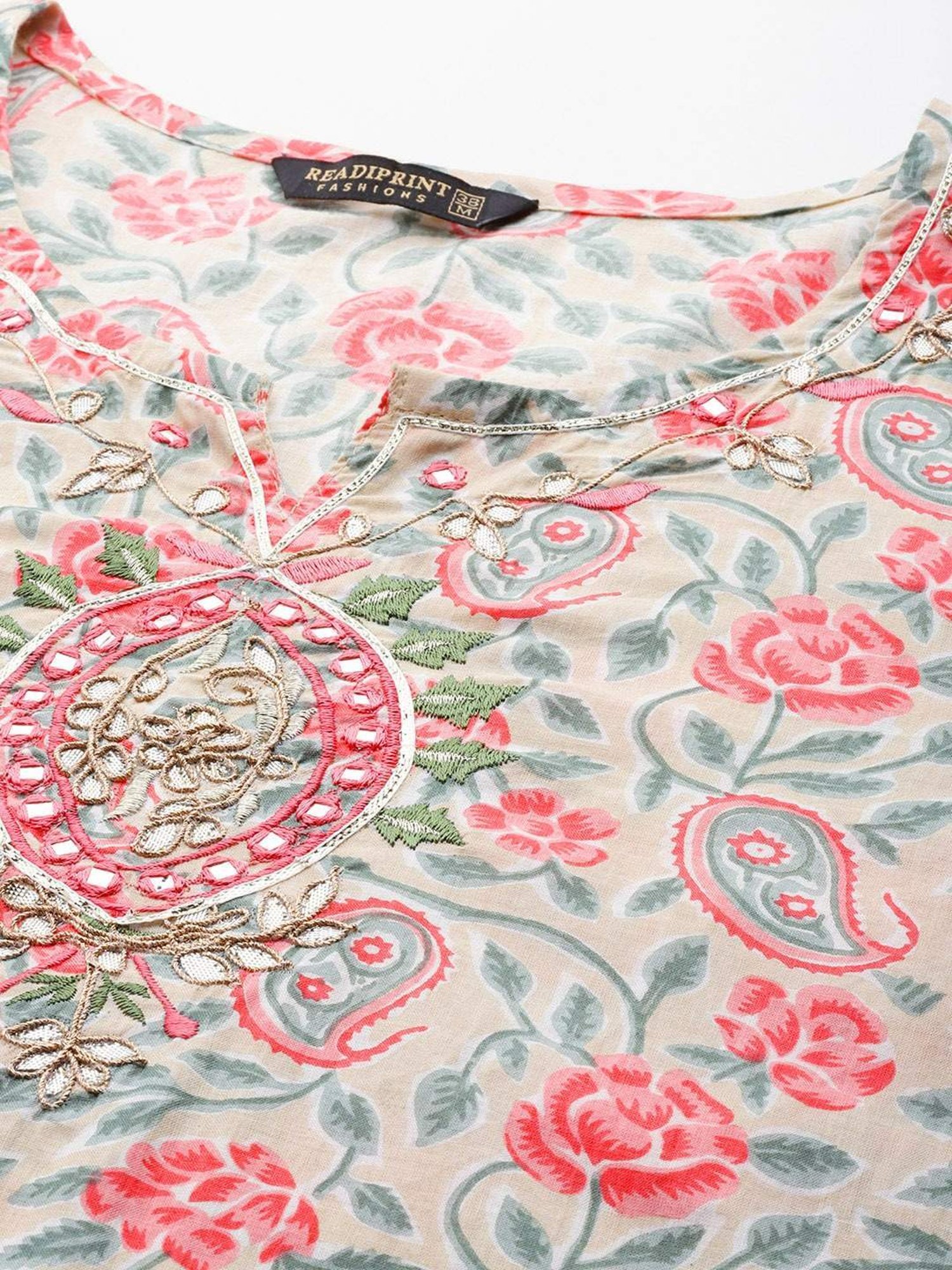 READIPRINT FASHIONS Beige & Blue Cotton Floral Print Kurta Pant Set With Dupatta