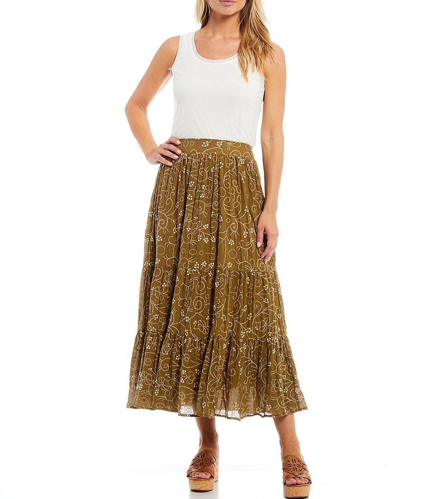 Reba Floral Embroidered Tiered Crinkle A-Line Pull-On Skirt