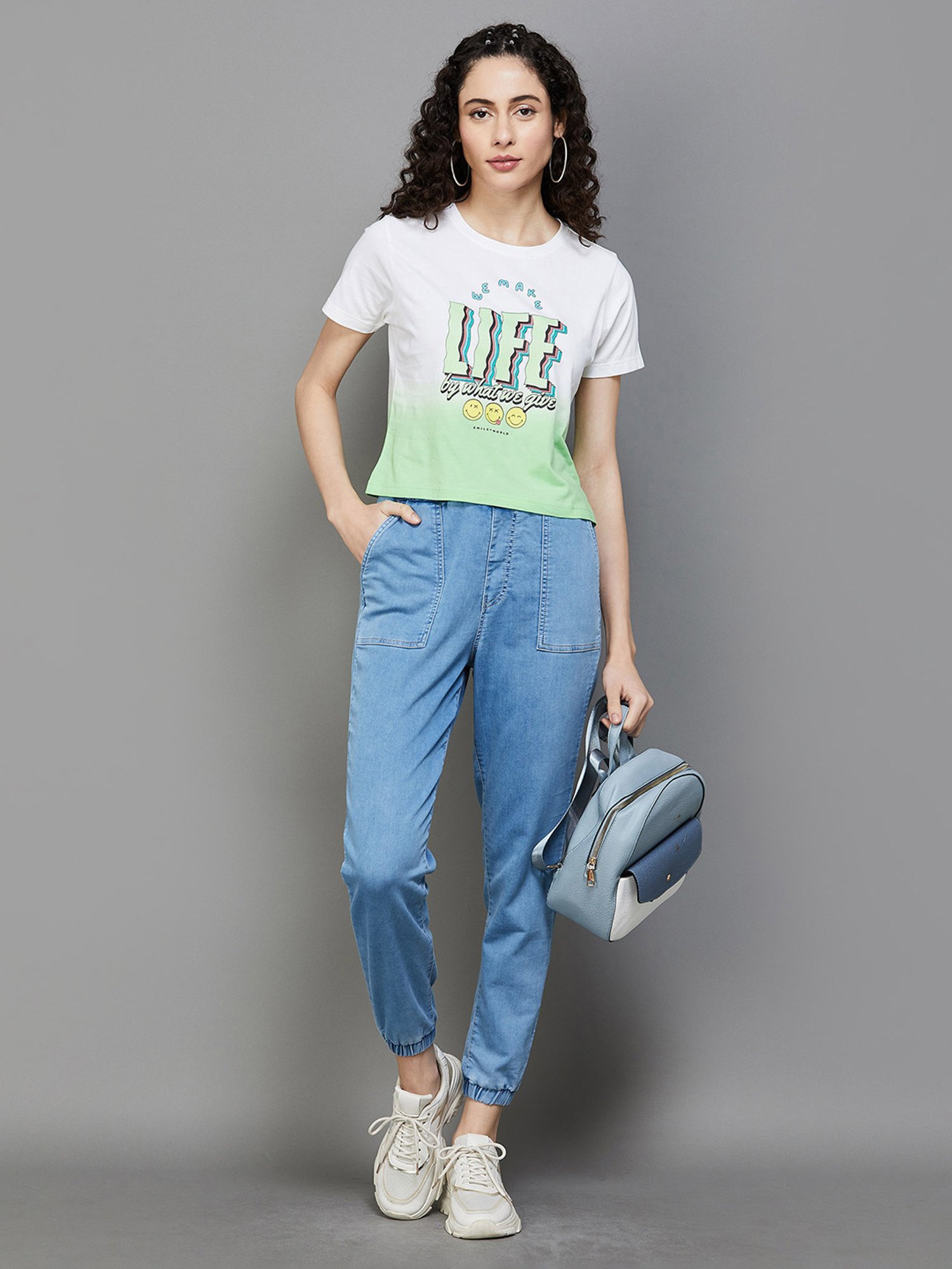 SmileyWorld Green & White Cotton Graphic Print T-Shirt