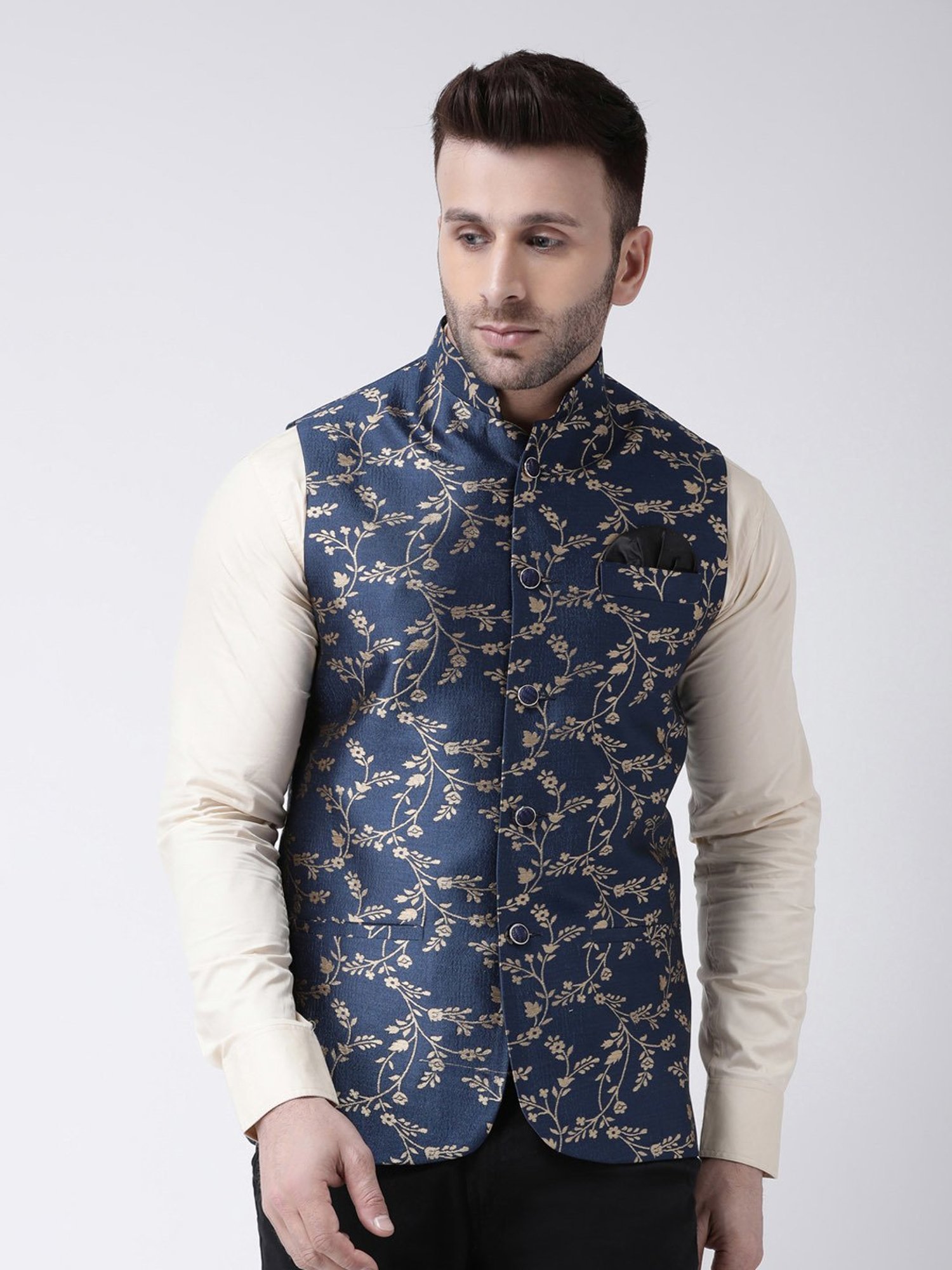 Hangup Plus Navy Regular Fit Jacquard Nehru Jacket