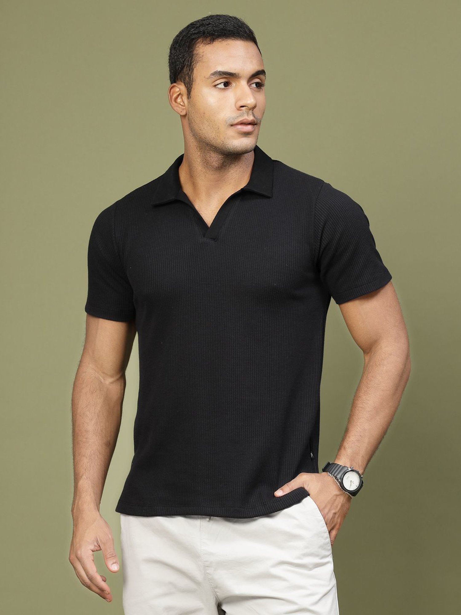Rigo Black Cotton Slim Fit Polo T-Shirt