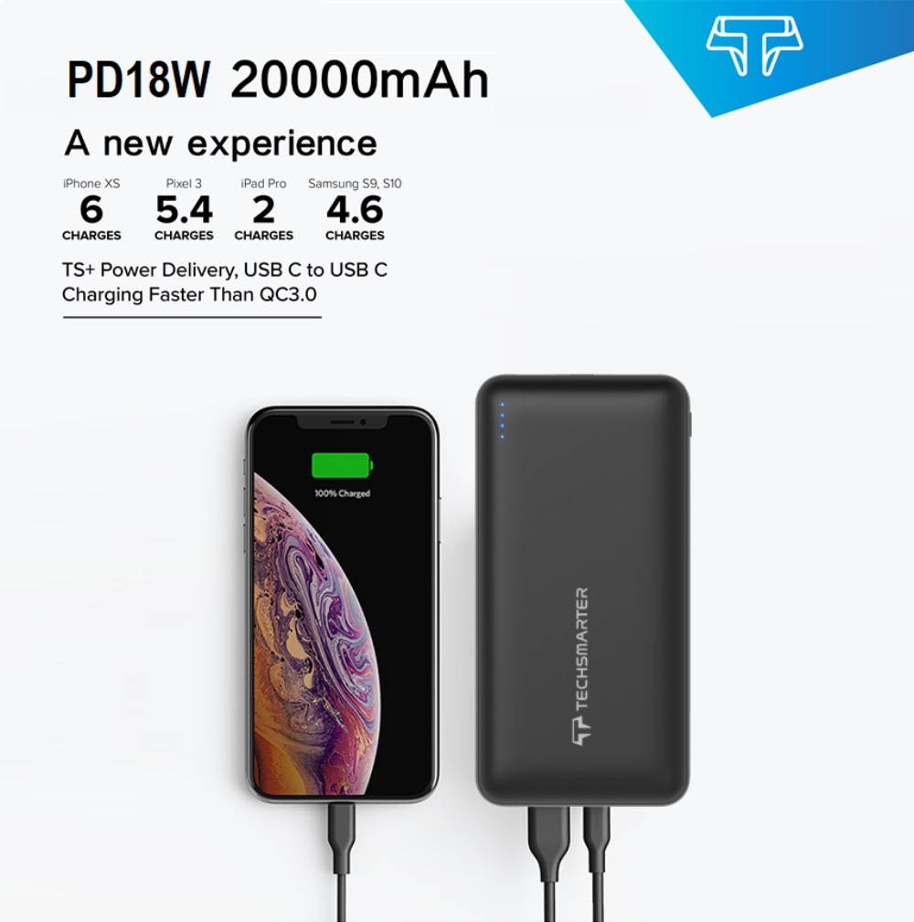 Techsmarter 20,000mAh PD USB C Portable Charger (18W), High-Capacity Power Delivery Power Bank Compatible with iPhone 11/X/XS/XR/8, Samsung S8/S9/S10, iPad and More