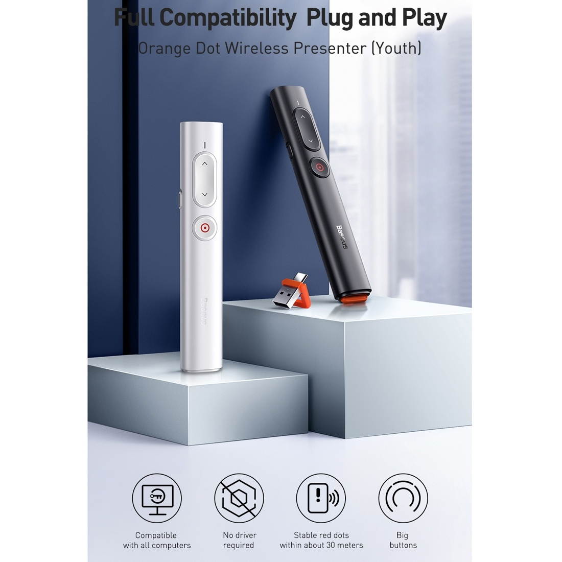Baseus ACFYB-B01 Orange Dot RF2.4GHz PPT Wireless Multimedia Presenter Page Turning Pen, Youth Version, Control Distance: 30m