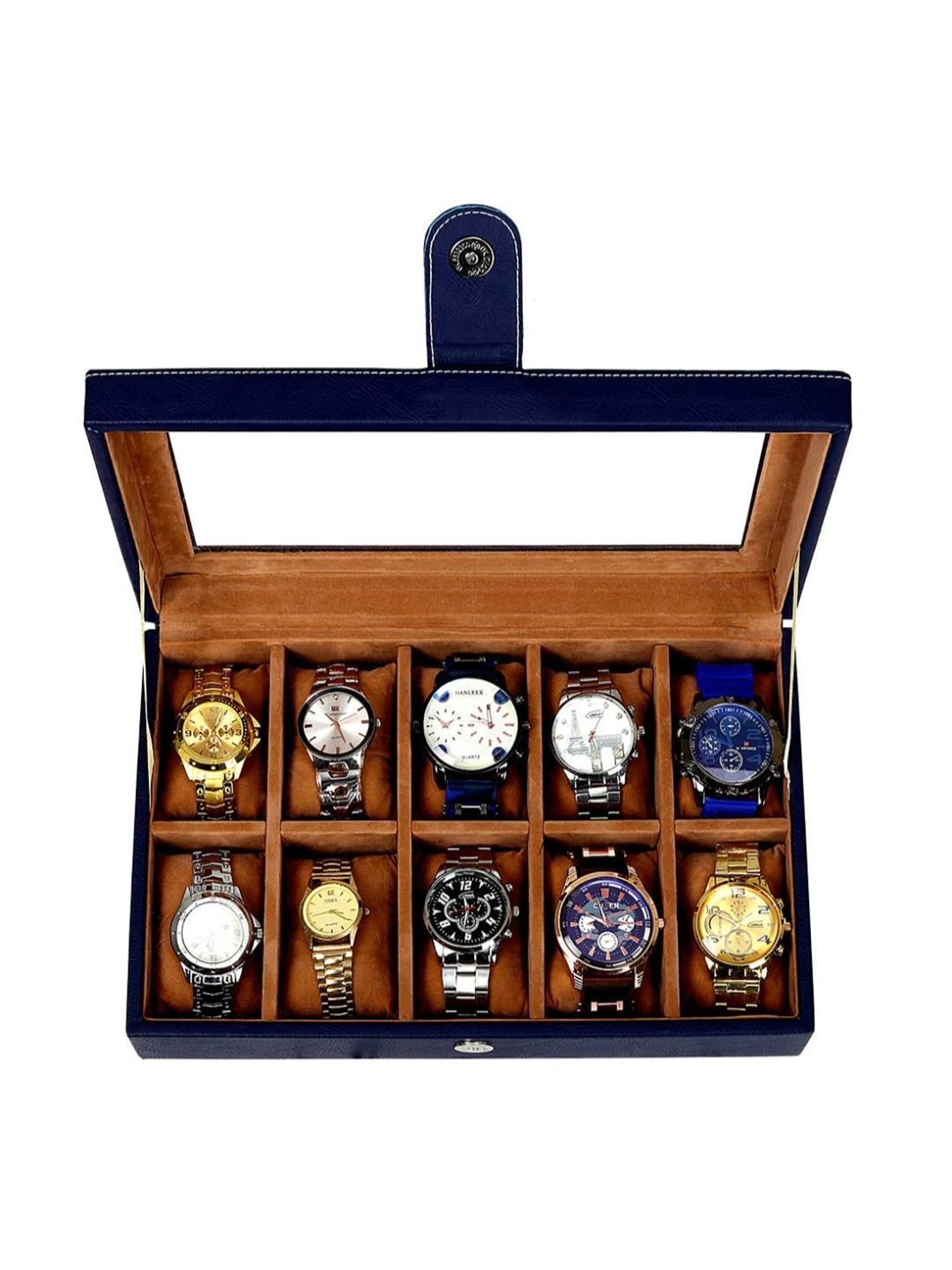 Leather World Blue Watch Box Holder Organizer Case in 10 Slots