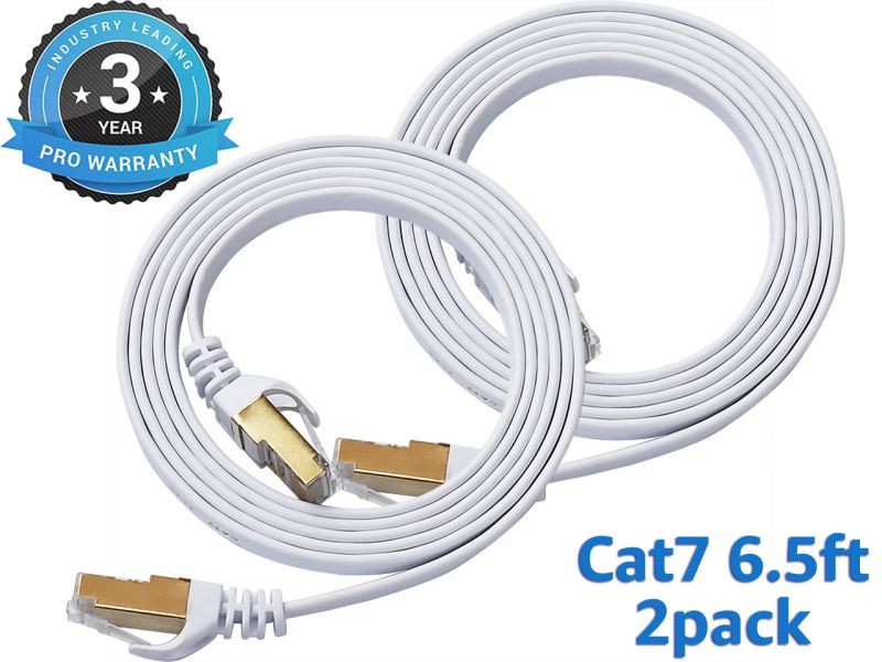 Cat 7 Ethernet Cable 100 ft LAN Cable Internet Network Cord for PS4, Xbox, Router, Modem, Gaming, White Flat Shielded 10 Gigabit RJ45 High Speed Computer Patch Wire.