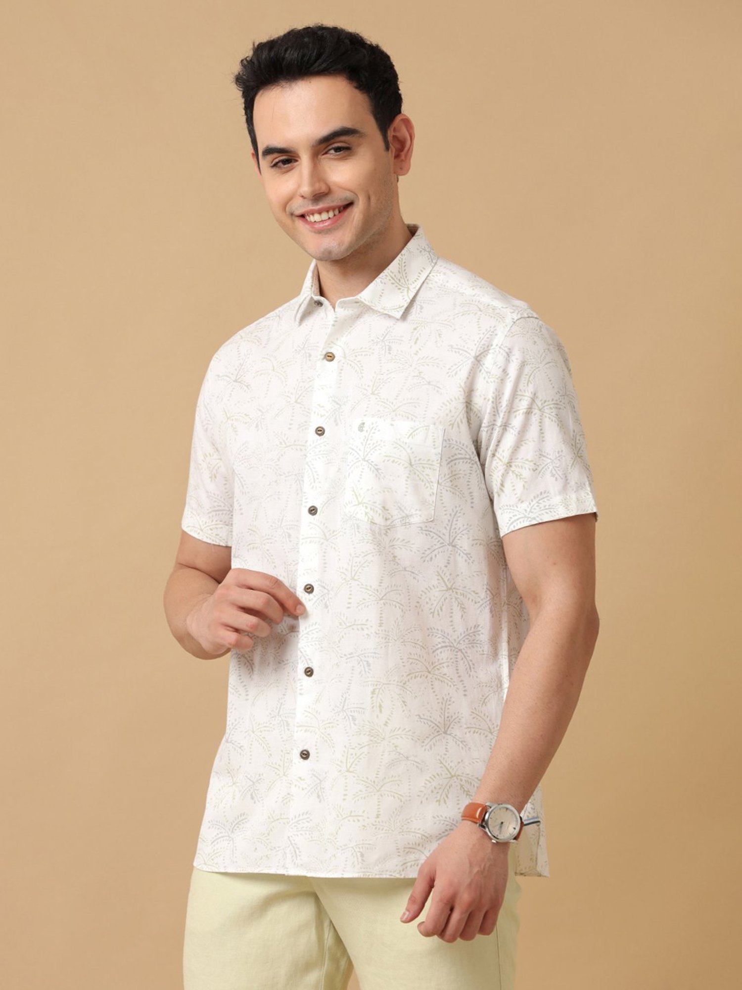 CAVALLO by Linen Club White Contemporary Fit Printed Shirt