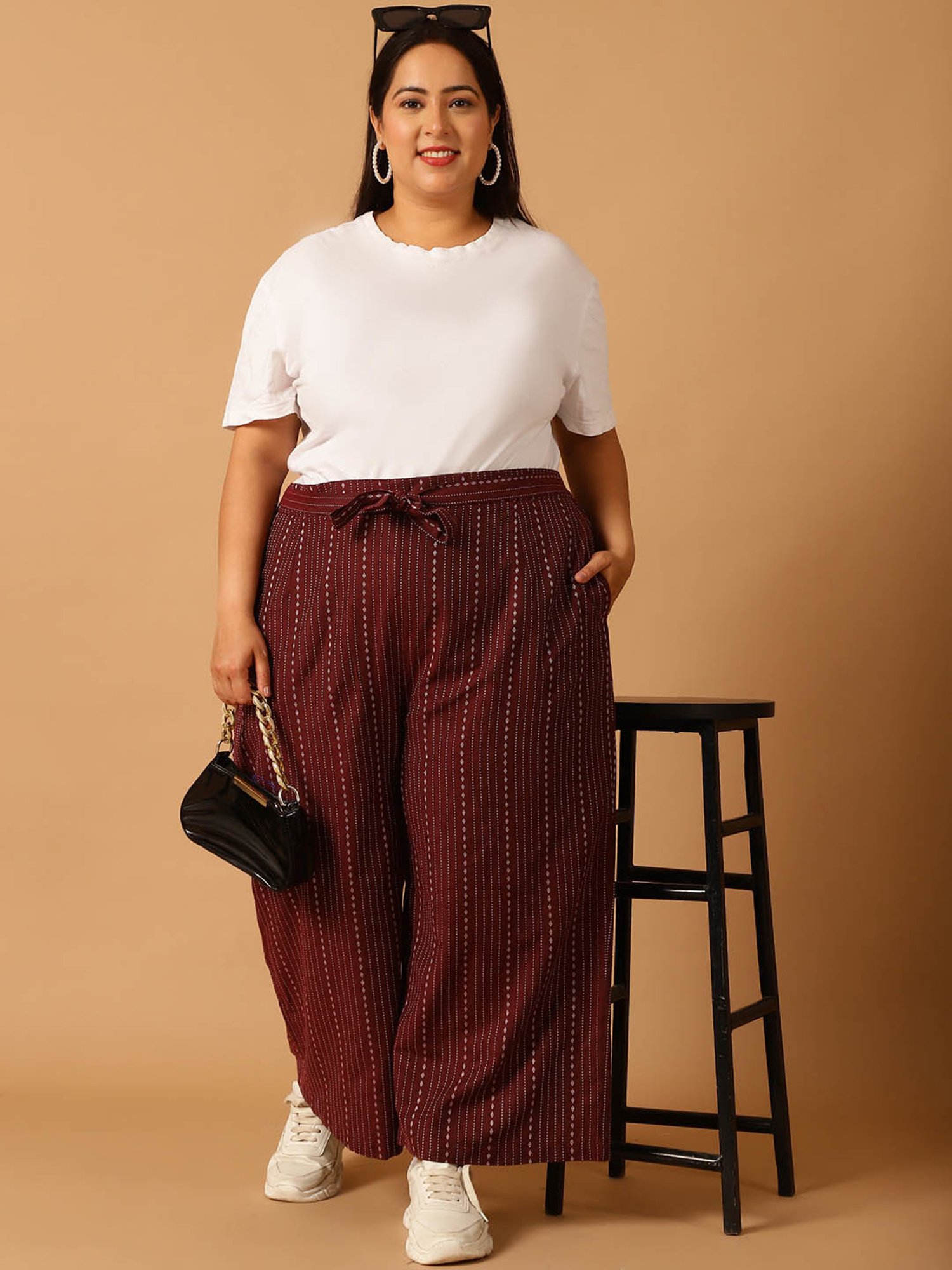 Moms Maternity Maroon Striped Regular Fit Mid Rise Plus Size Trousers