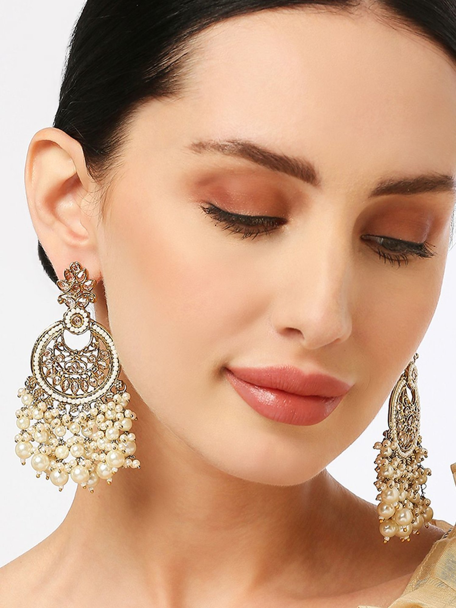 OOMPH Gold-Plated Jadau Kundan & Pearl Ethnic Large Dangler Earrings for Women