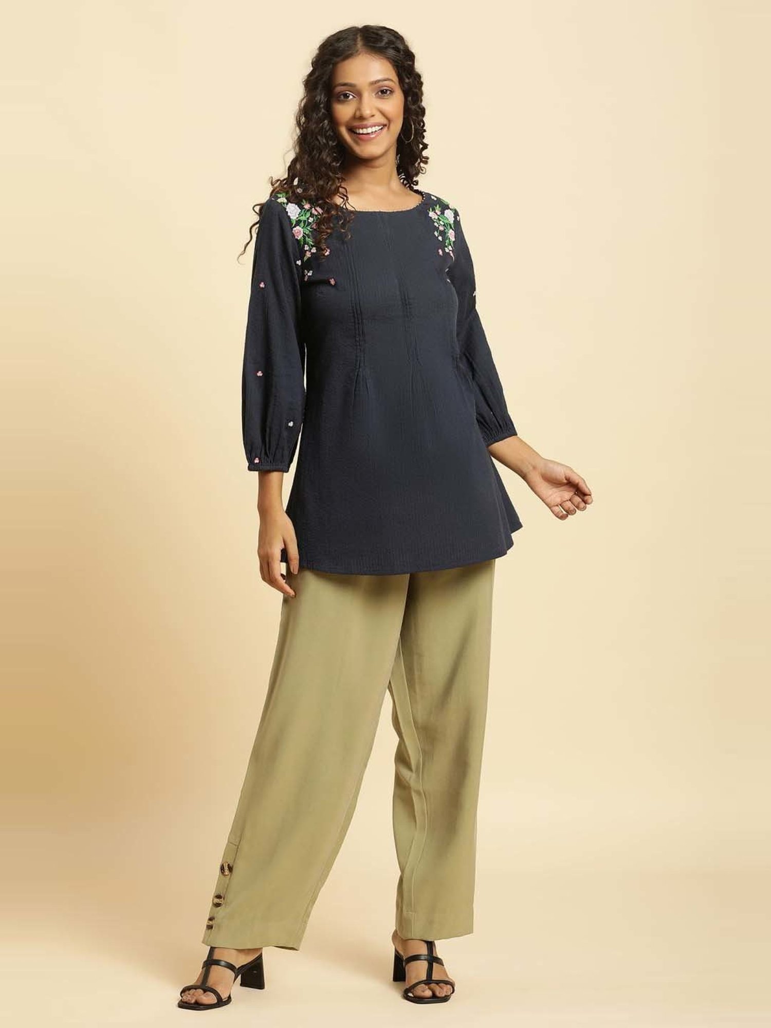 W Navy Cotton Embroidered Top