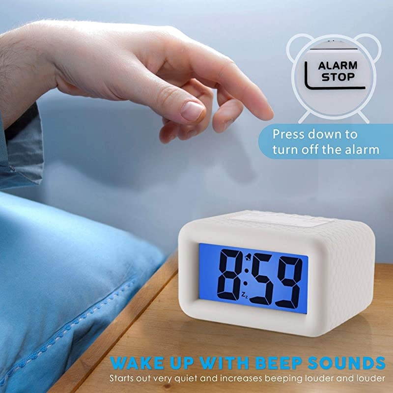 Digital Alarm Clock with Snooze and Nightlight Large LCD Display Travel Alarm Clocks Ascending Sound Alarm and Handheld Sized Good for Kids White