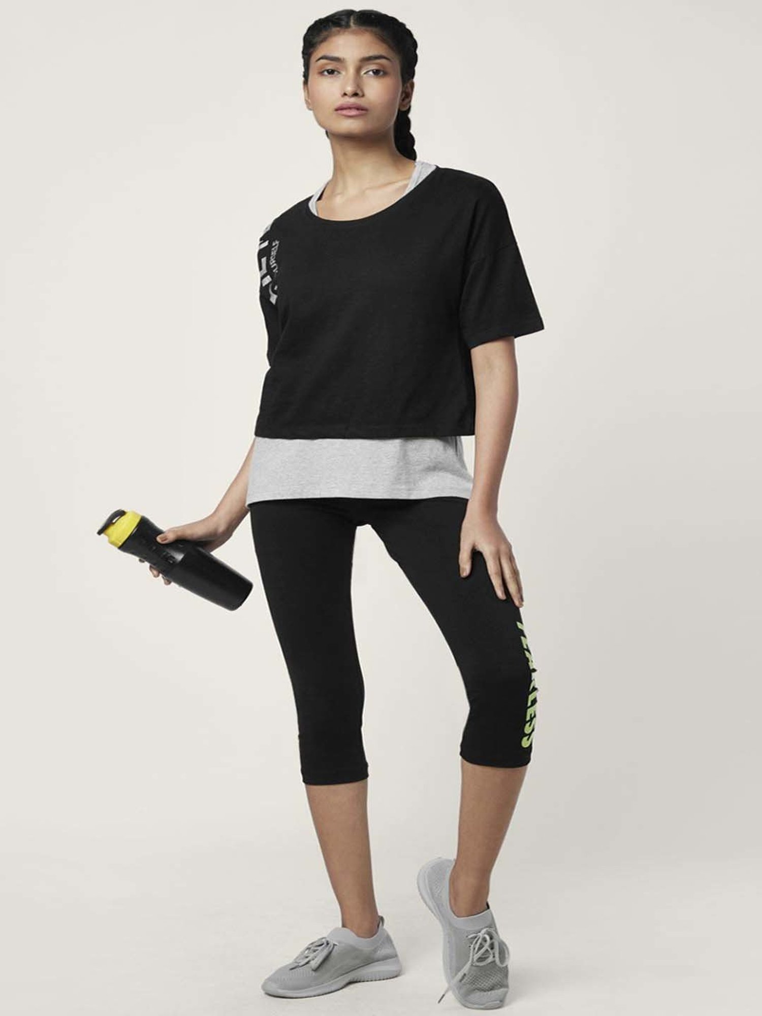 Ajile by Pantaloons Black & Grey Cotton Graphic Print Sports Top With Tank Top